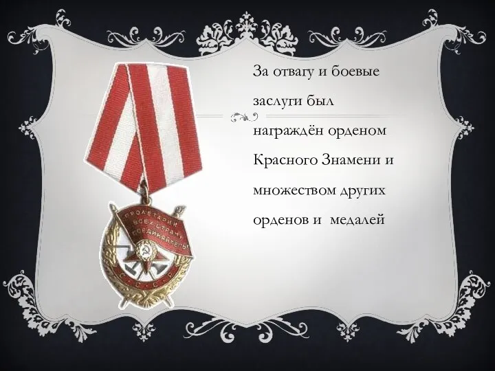 За отвагу и боевые заслуги был награждён орденом Красного Знамени и множеством других орденов и медалей