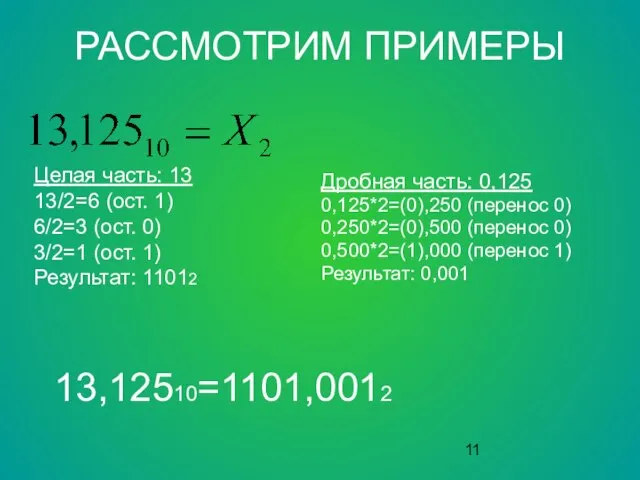 РАССМОТРИМ ПРИМЕРЫ Дробная часть: 0,125 0,125*2=(0),250 (перенос 0) 0,250*2=(0),500 (перенос 0) 0,500*2=(1),000