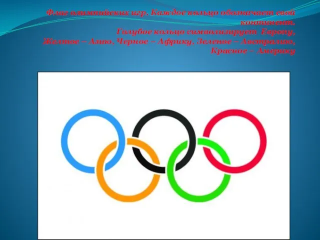Флаг олимпийских игр. Каждое кольцо обозначает свой континент. Голубое кольцо символизирует Европу,